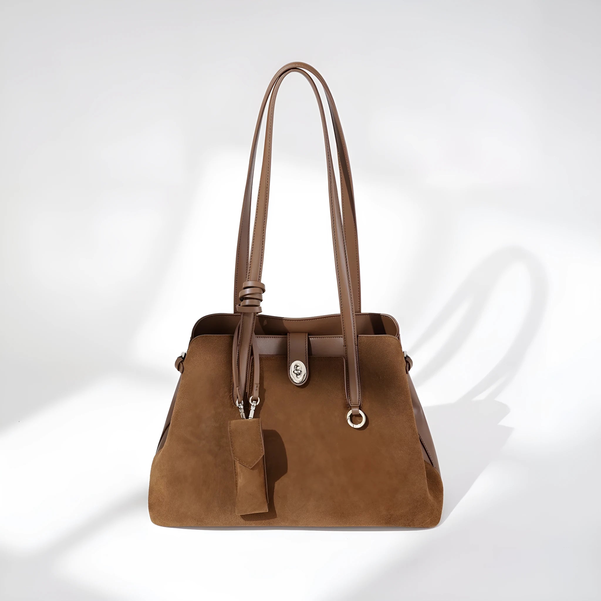 Dark brown genuine leather retro handbag horizontal square large capacity double shoulder straps