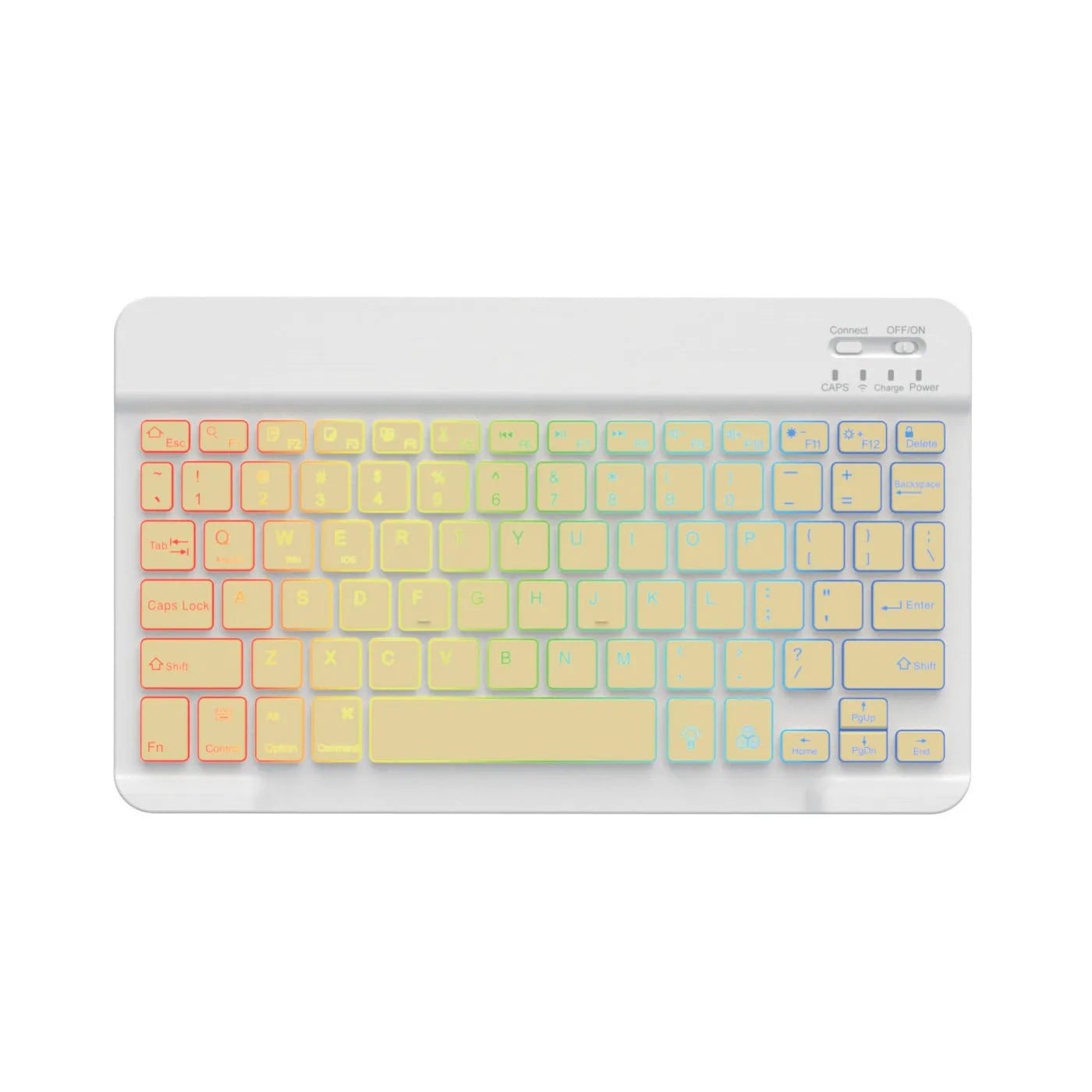 Compact 10-inch black Bluetooth keyboard with colourful LED backlight, shown next to a tablet.