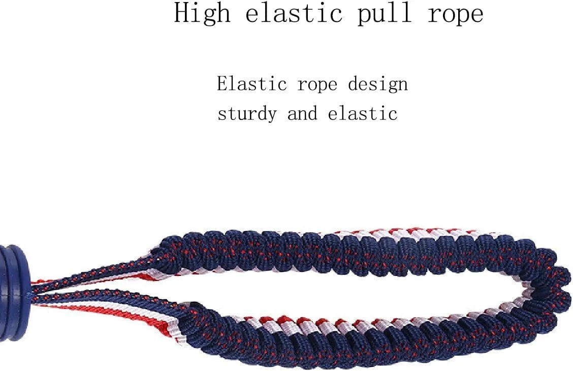 Blue dog toy showing a textured rubber ball attached to a woven rope, for small and medium breed dogs.