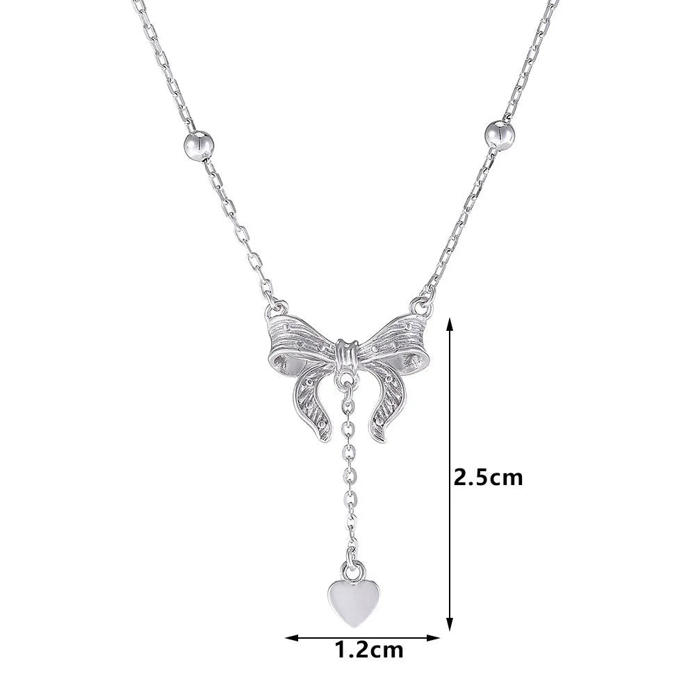 S925 silver butterfly heart clavicle chain necklace with adjustable O-ring chain and bow detailing