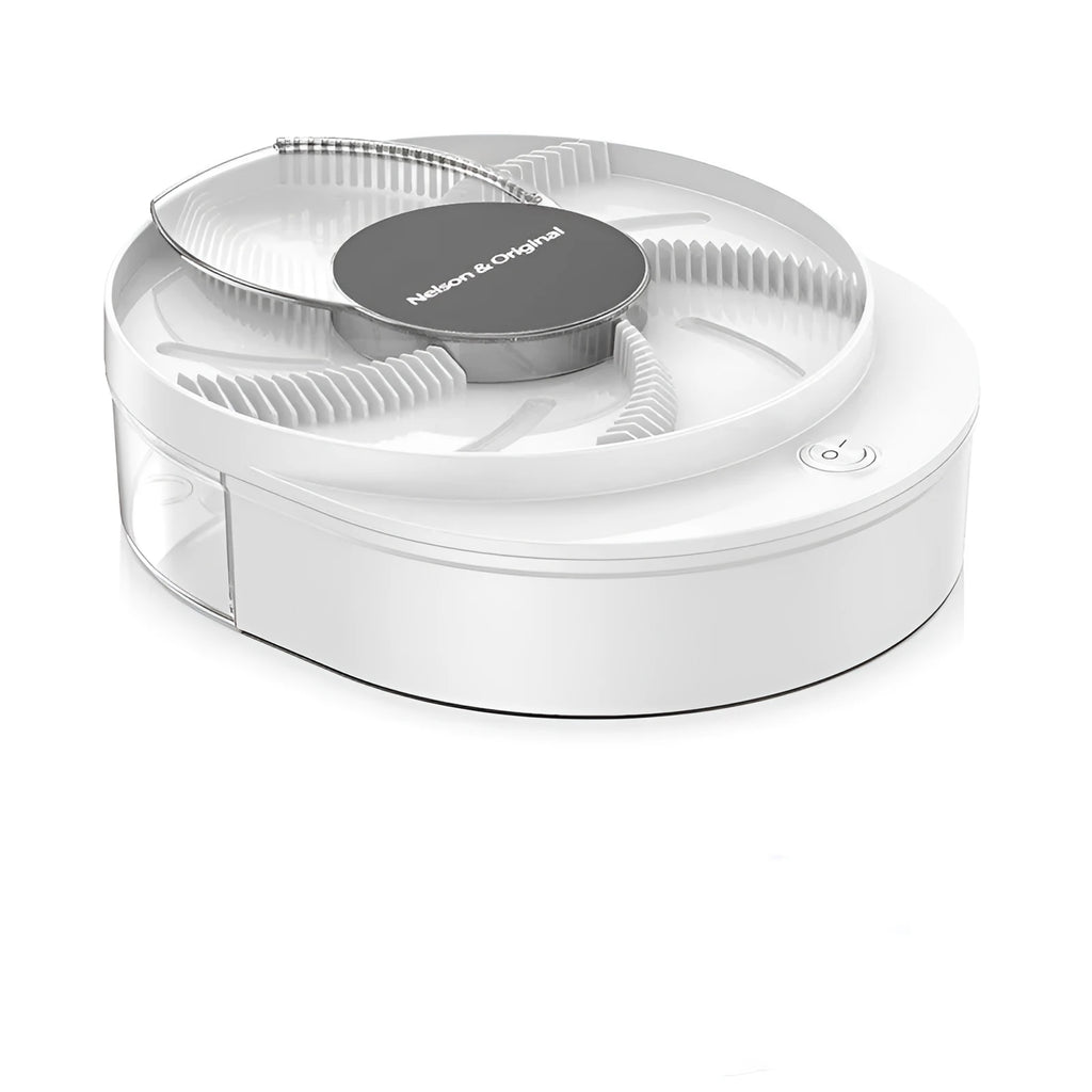 Black and white electric fly trap machine with a removable cage and enlarged bait trough, shown in plug-in and USB-rechargeable styles.