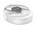 Black and white electric fly trap machine with a removable cage and enlarged bait trough, shown in plug-in and USB-rechargeable styles.