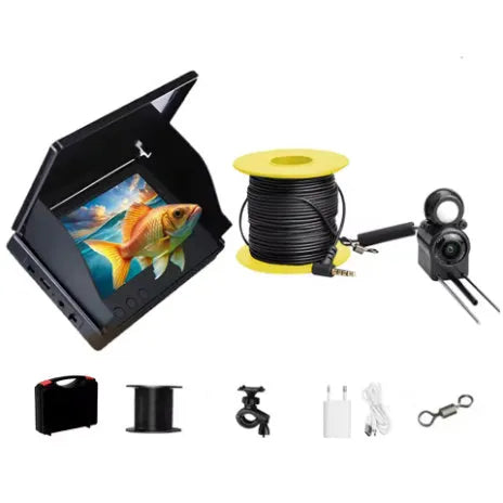 Underwater HD fish finder camera system with screen, featuring a wide-angle lens, night vision lights, and temperature sensor.