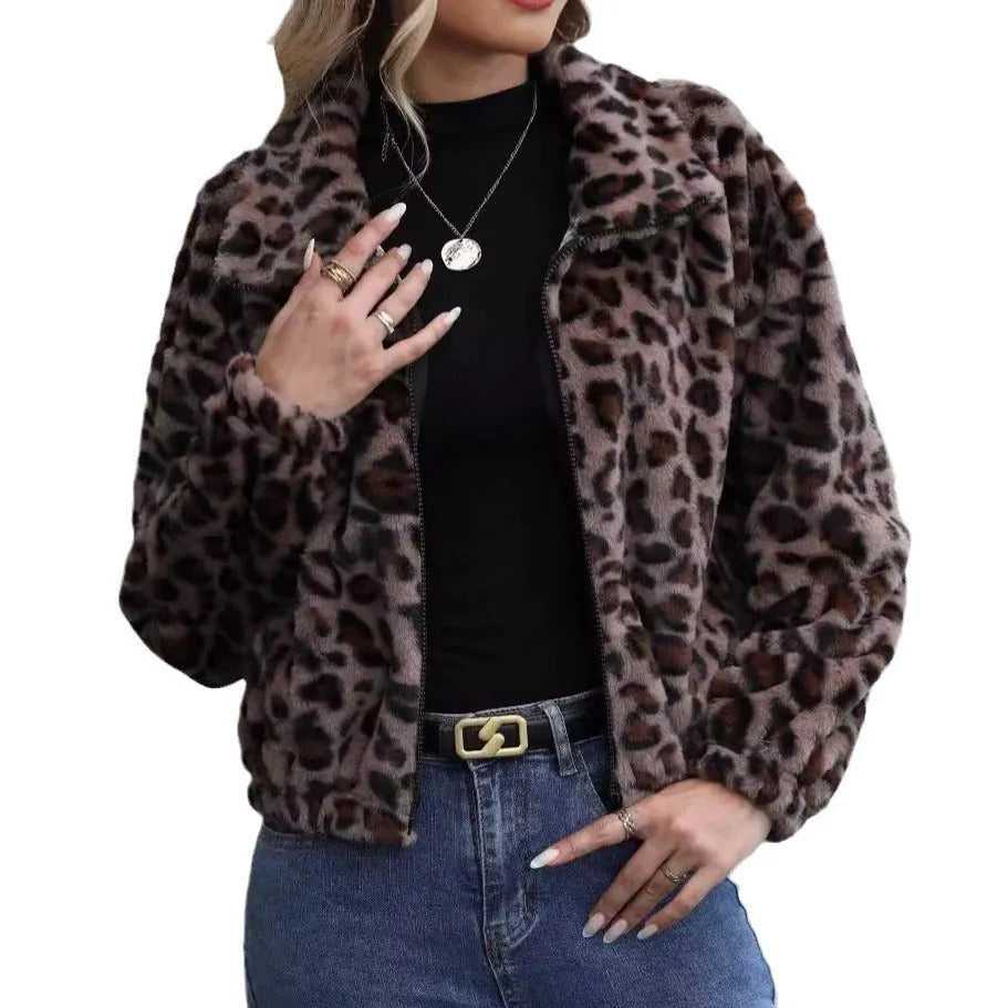 Women's loose leopard print plush coat with front zip and raglan sleeves.