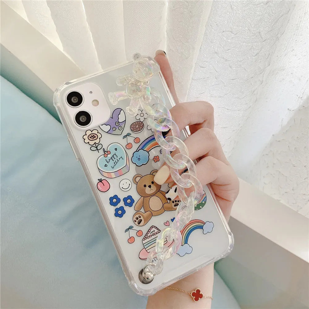 Bear chain charm on a TPU protective case for iPhone, featuring a Japanese Korean cartoon style design.
