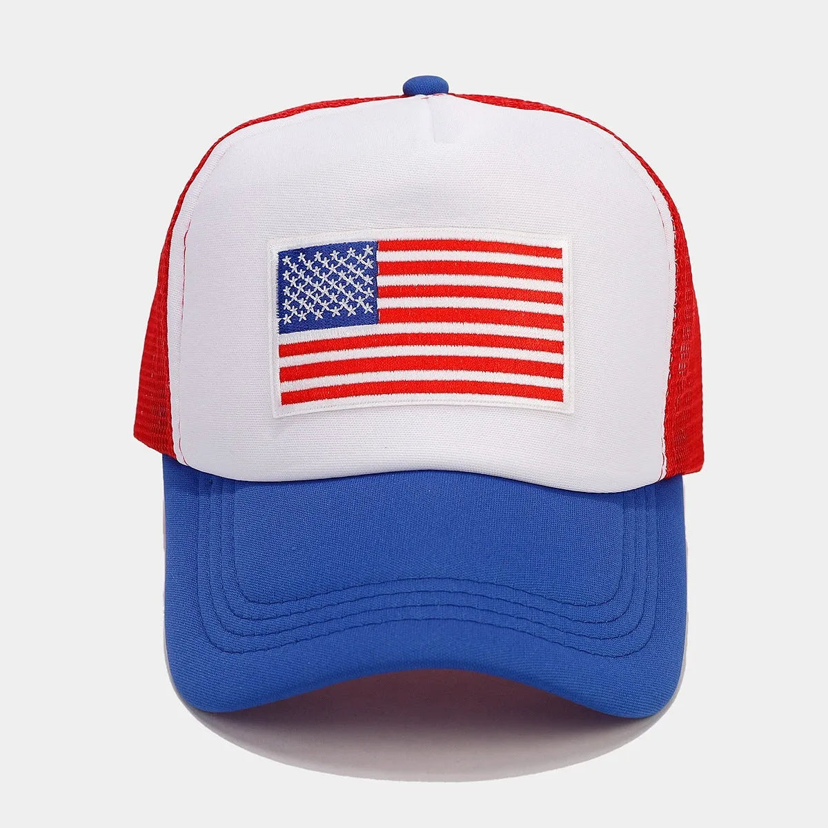 Red and blue mesh cotton baseball cap with adjustable strap and dome crown design