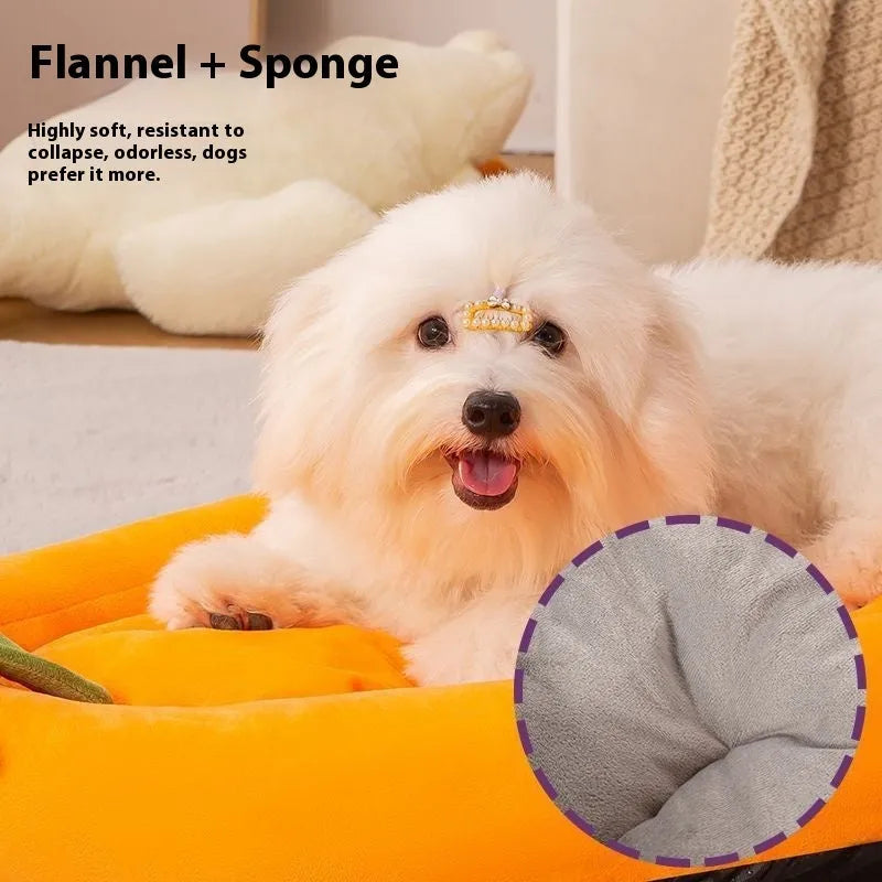 Brown removable cloth dog mat shown inside a wire crate, with size chart for S, M, L, XL, and XXL options.