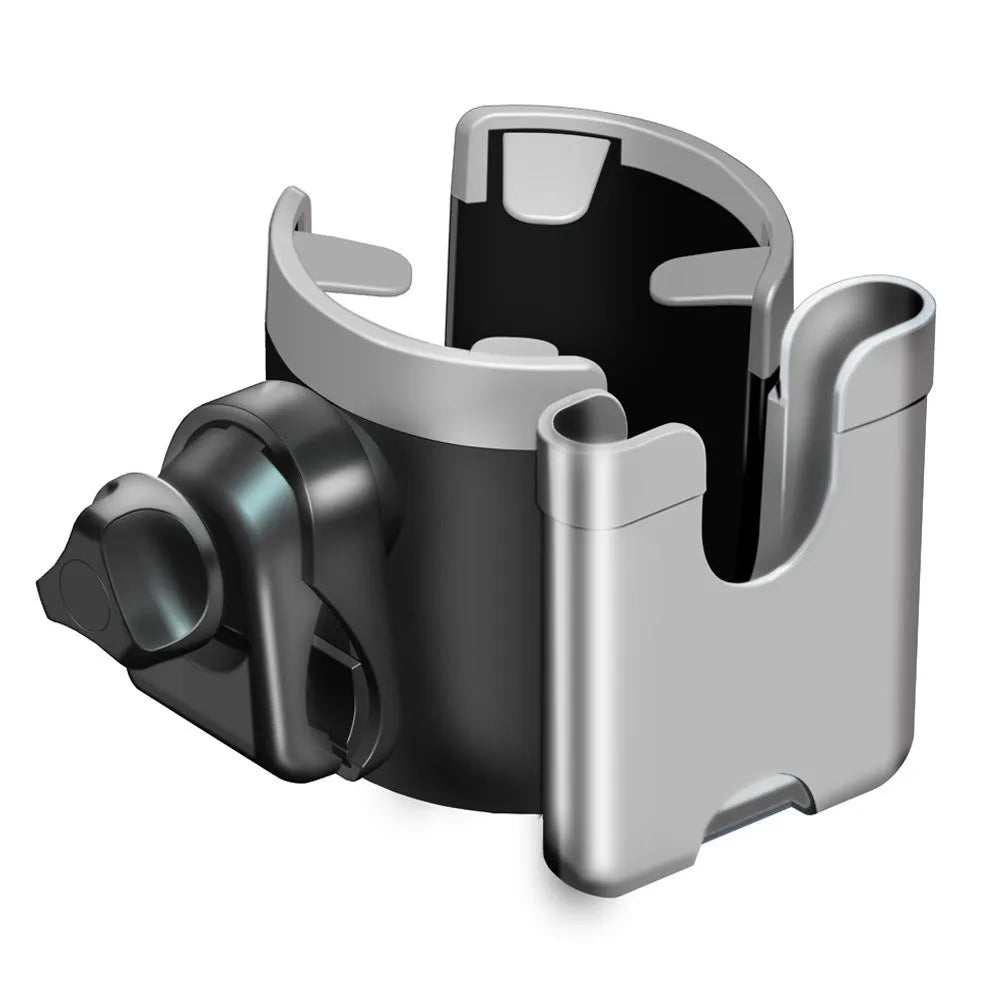 2-in-1 baby stroller cup holder in black silicone and ABS, clipped to pushchair frame, holding a drink