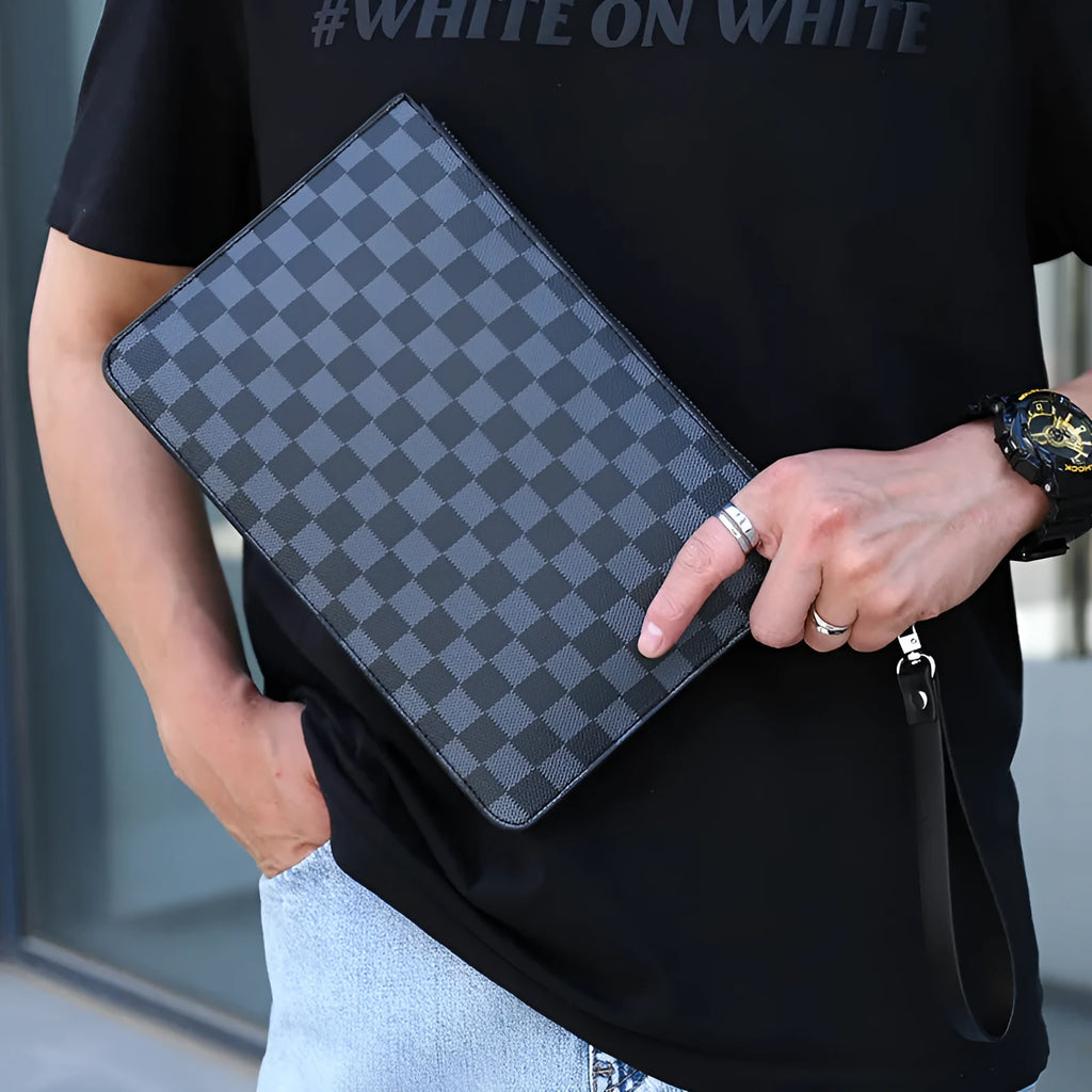 Men's soft black plaid PU leather clutch wallet open to show six card slots and a zipper pocket.