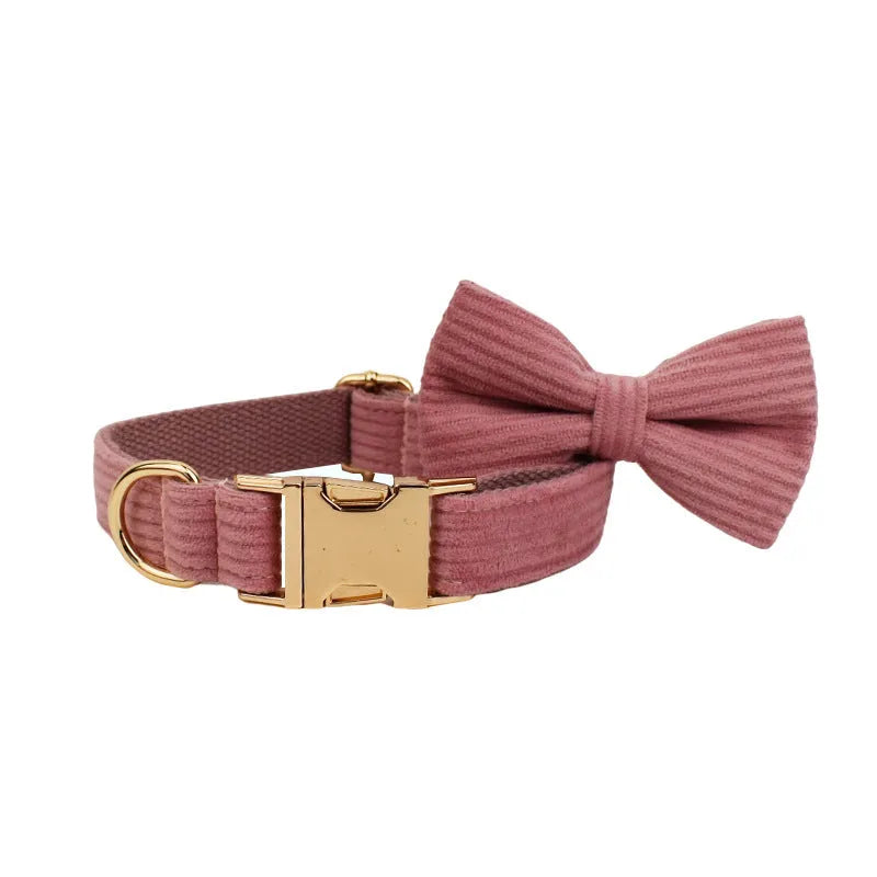 Red corduroy pet collar and matching leash set with optional bow, vest and poop bag accessories