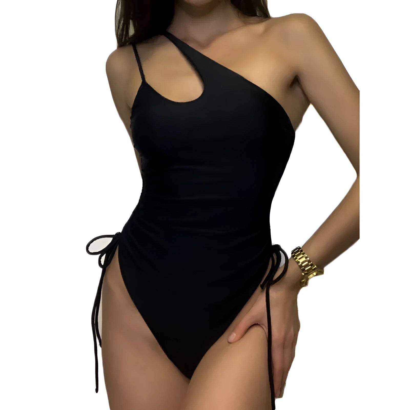 Black women's lacing sloping shoulder dress with sleeveless design and tight fit