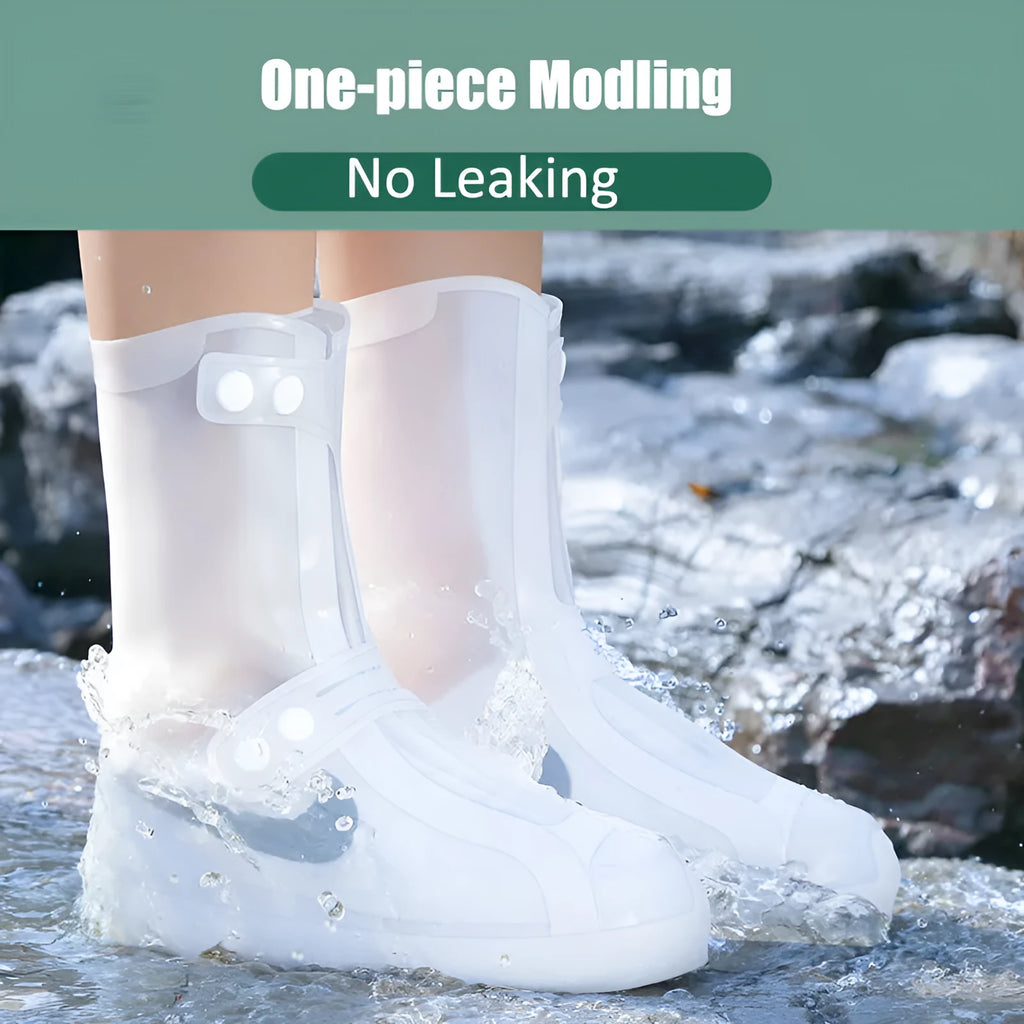 White PVC high-top reusable shoe covers for women, shown on feet.