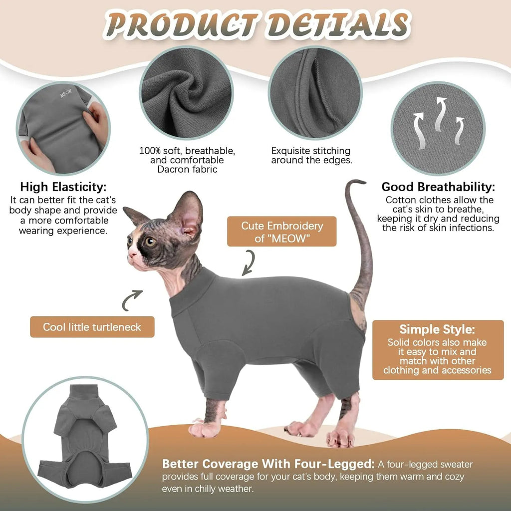 Grey sphynx cat wearing soft turtleneck winter sweater with two leg openings and semi-turtleneck design