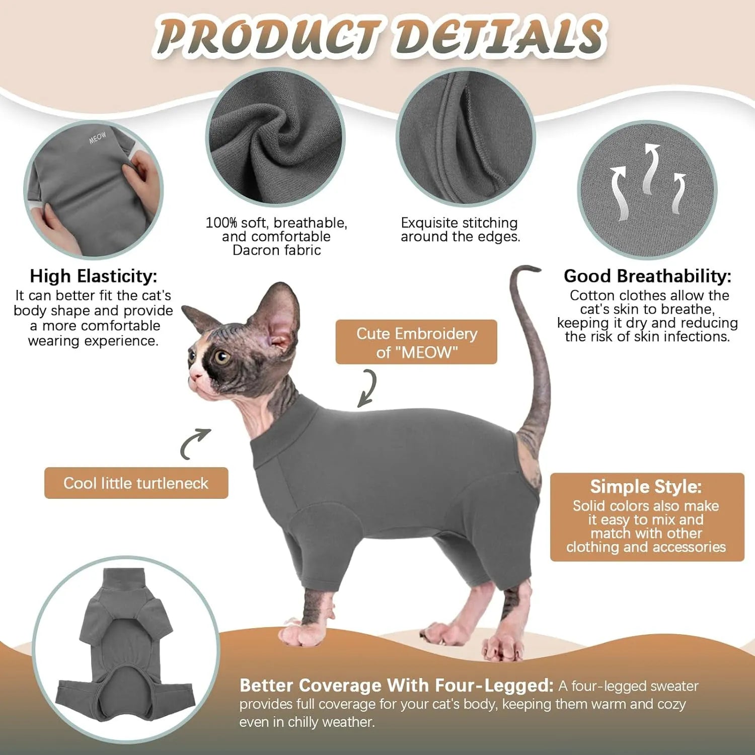 Grey sphynx cat wearing soft turtleneck winter sweater with two leg openings and semi-turtleneck design