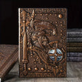 Leather A5 notebook with embossed 3D warriors relief design, open to show inner pages.