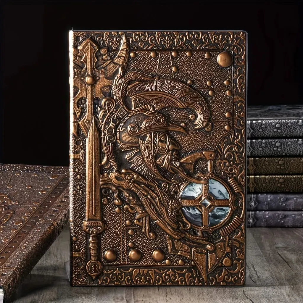 Leather A5 notebook with embossed 3D warriors relief design, open to show inner pages.