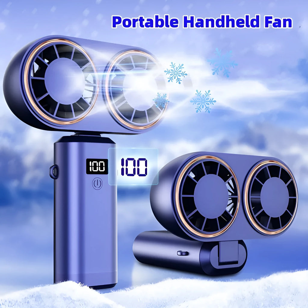 USB rechargeable handheld fan folded showing digital display screen and available in three colours