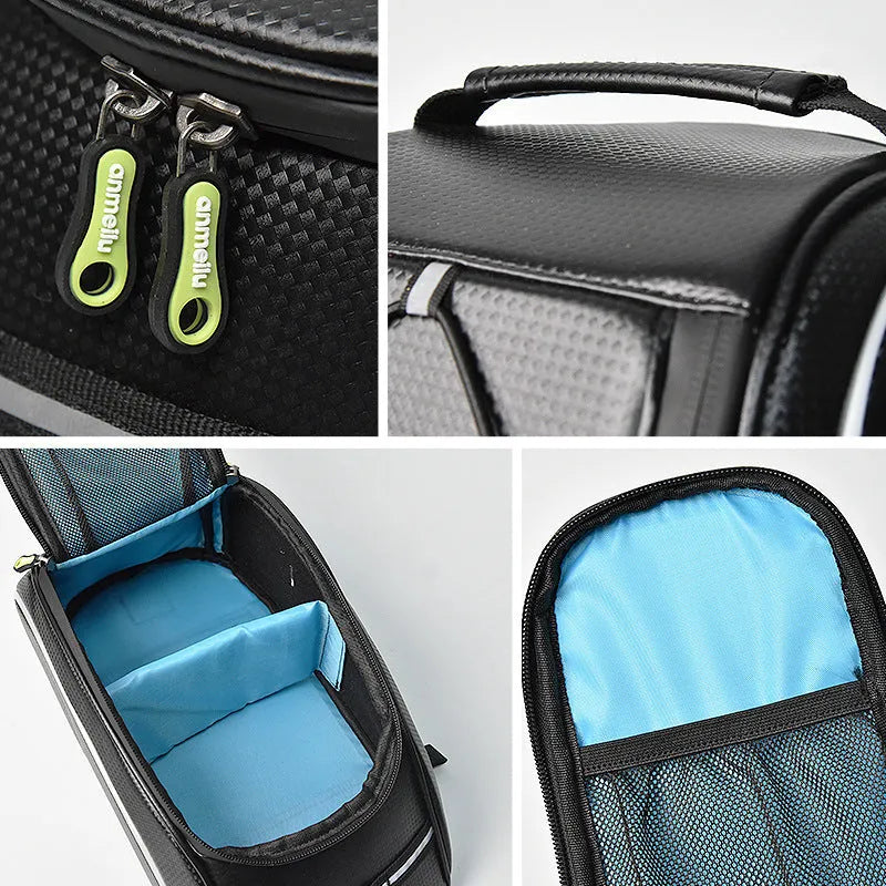 Black waterproof PU leather bicycle rack bag mounted on a bike rear rack, showing its 8-litre capacity.