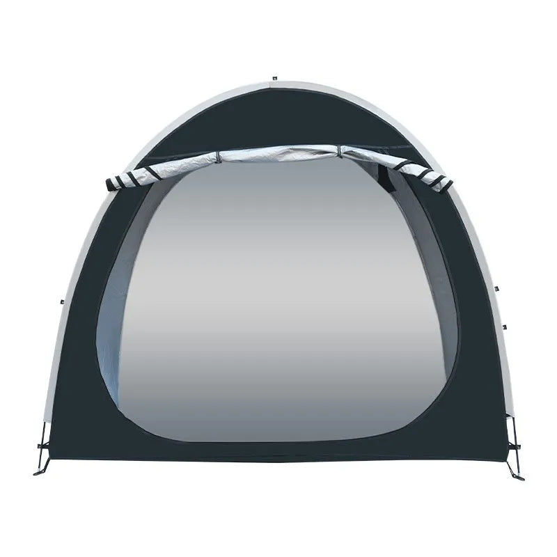 Large black outdoor bicycle storage tent with roof design, shown with dimensions 185x65x165cm.
