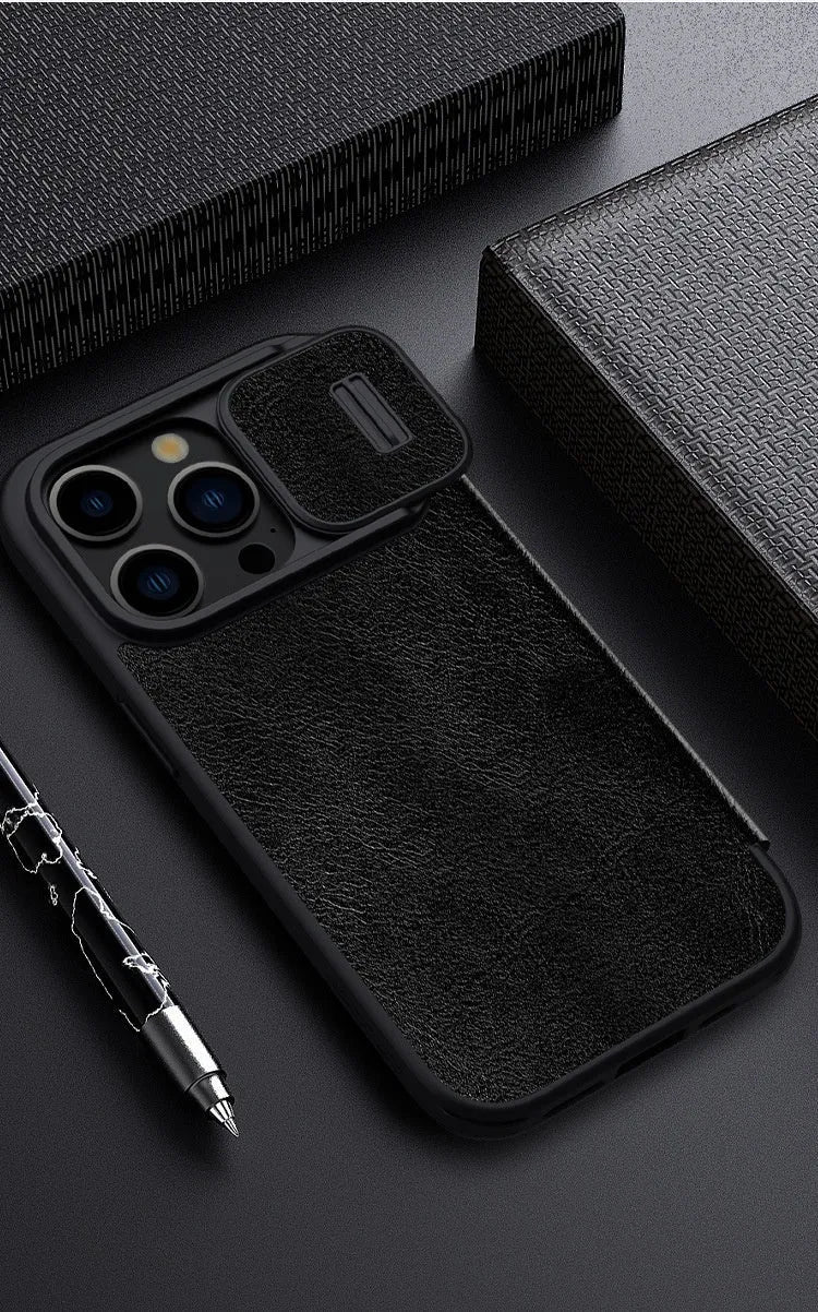 Imitation leather flip phone case for iPhone 14 Pro Max and iPhone 15 models in black, brown or red