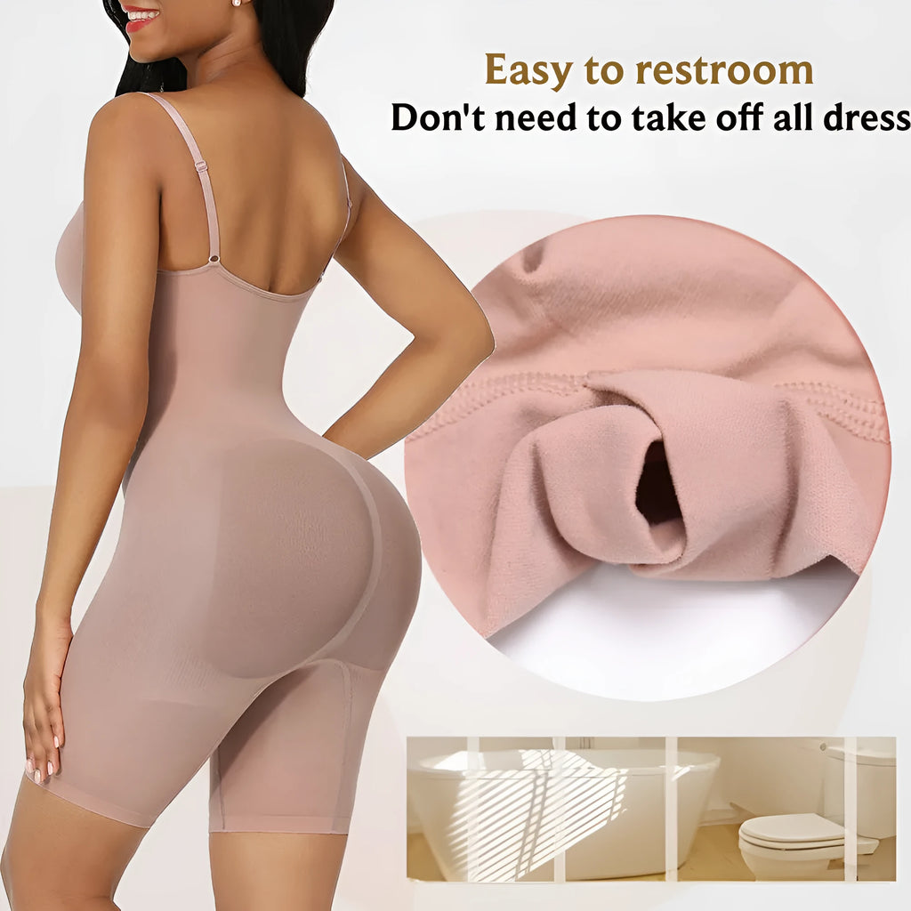 Seamless nylon body-shaping corset jumpsuit in black with belly contracting and chest support