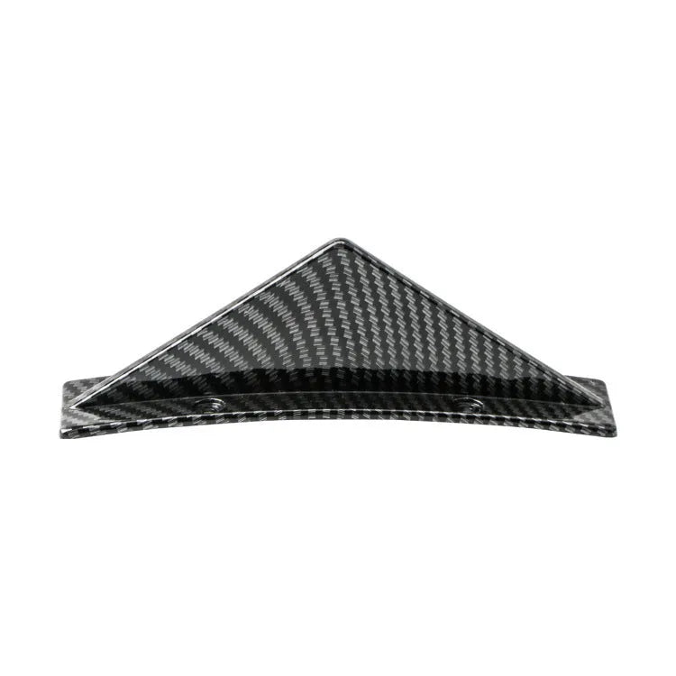 Set of four universal triangle car rear spoilers in ABS plastic, shown in bright black and carbon fibre finishes.