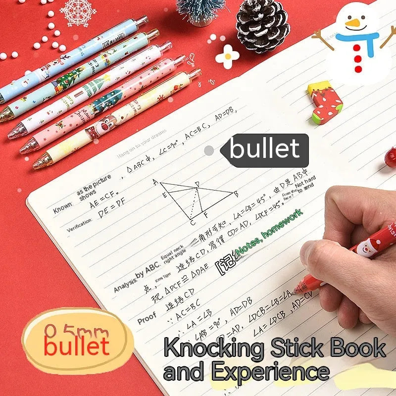 Six black gel pens with cartoon-themed plastic casings packaged as Christmas reward gift set