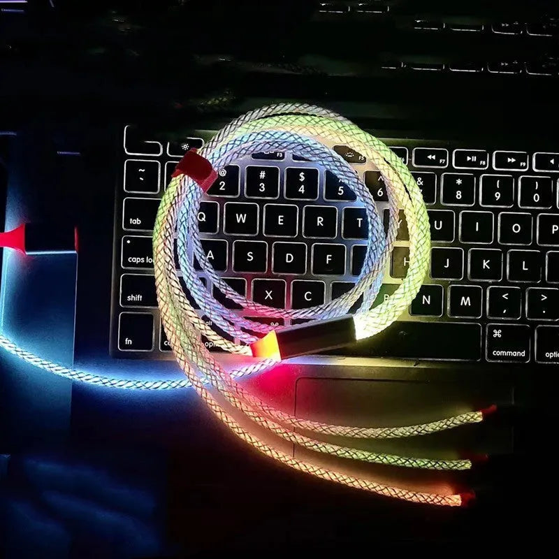 Colourful phantom gradient charging cable with Lightning, Micro USB, and Type-C connectors on a 1.2m cable