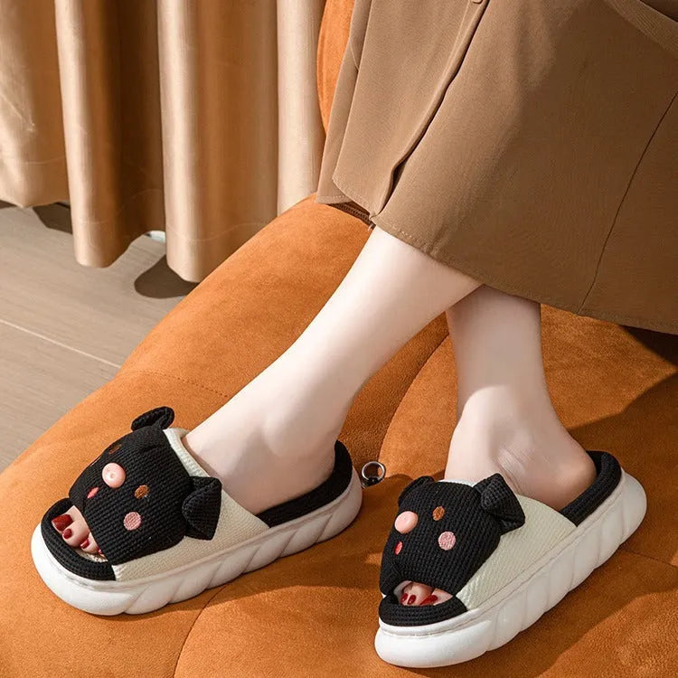 Piggy cute open-toe linen slippers for couples in white, pink, black, and brown colours.