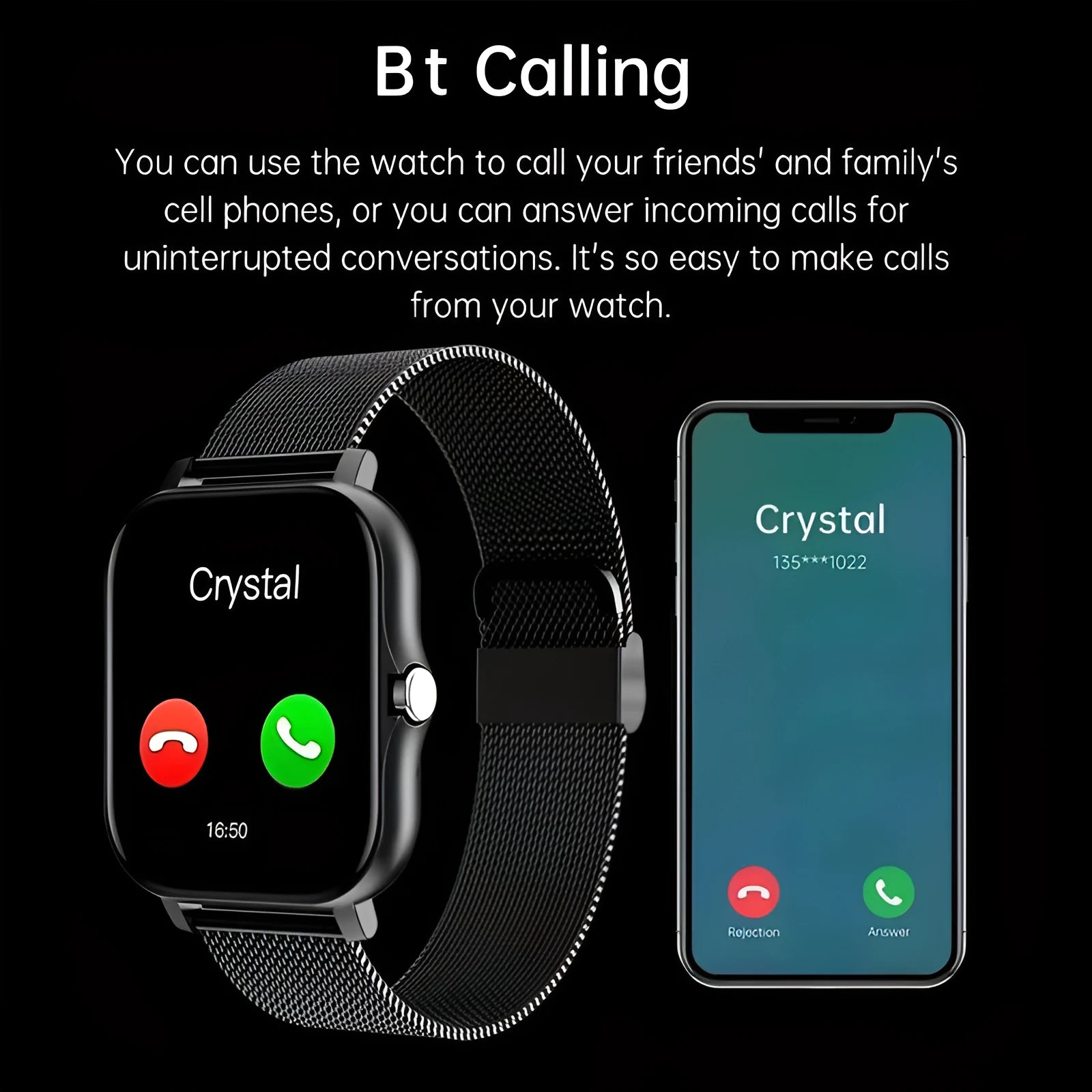 A smart watch with a large 144-inch touch screen and a silicone strap, shown on a wrist.
