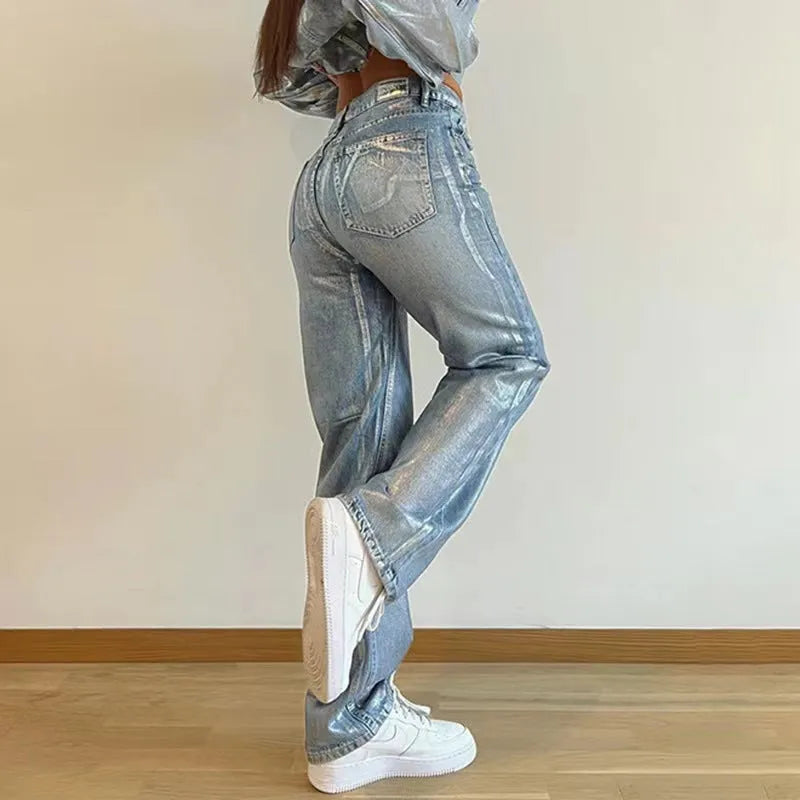 Washed blue women's high waist straight leg jeans with contrast silver street hipster detail
