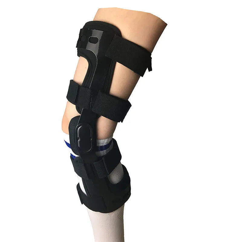 Black knee supporter with metal stabilisers for anterior ligament support in multiple size options