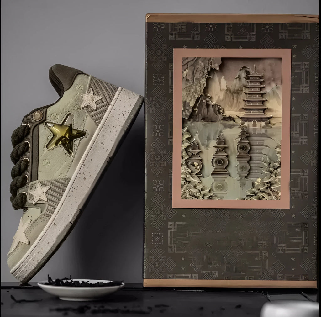 Green low-top casual sneakers with a star pattern design, round toe, and thick rubber sole.