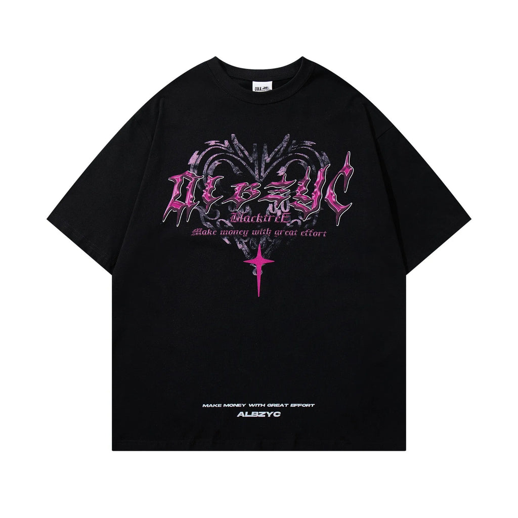 Man wearing a black loose-fit cotton T-shirt with a retro printed design on the front.
