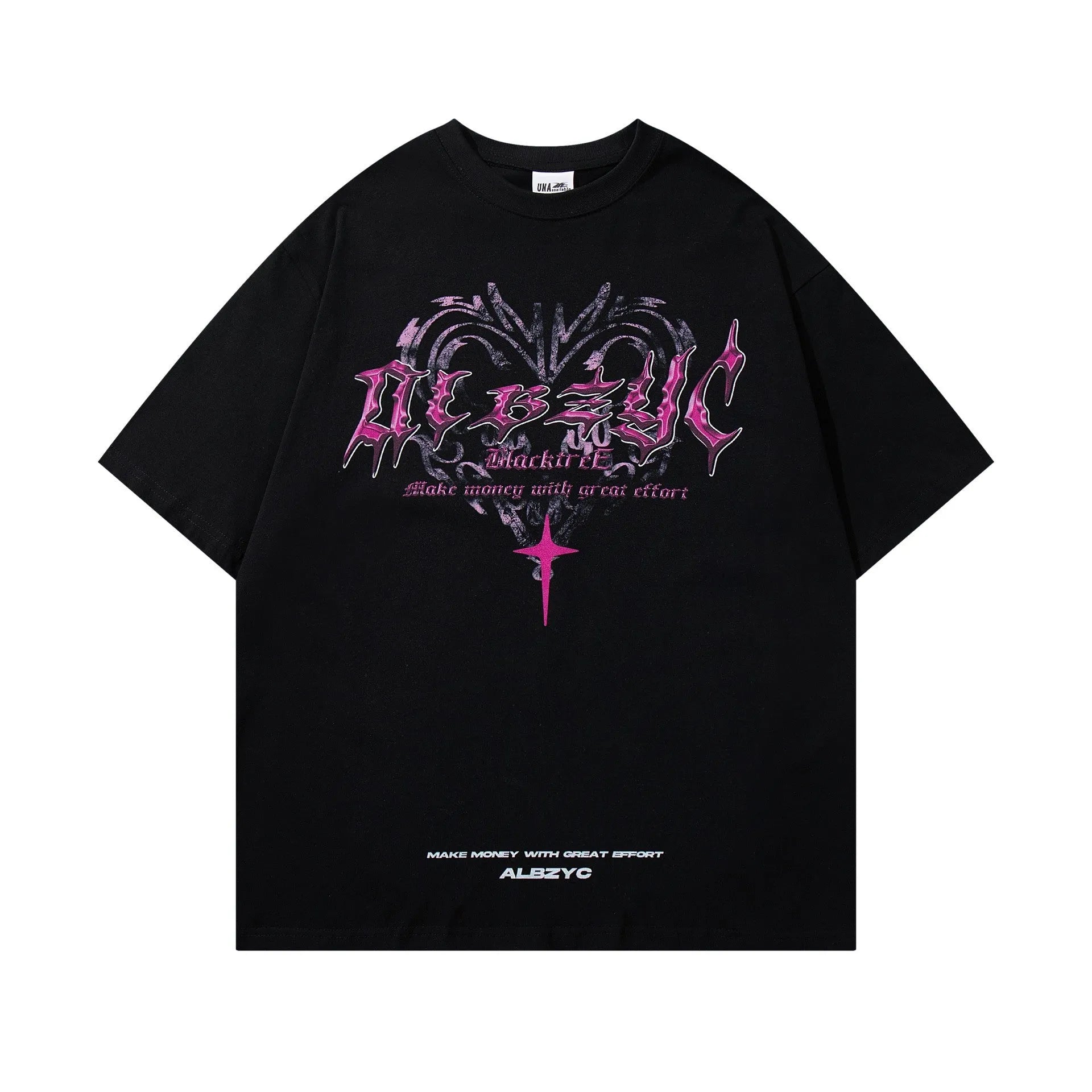Man wearing a black loose-fit cotton T-shirt with a retro printed design on the front.
