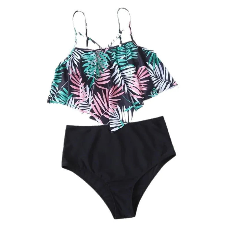 Women's white floral high-waist bikini with flounced detail on mannequin