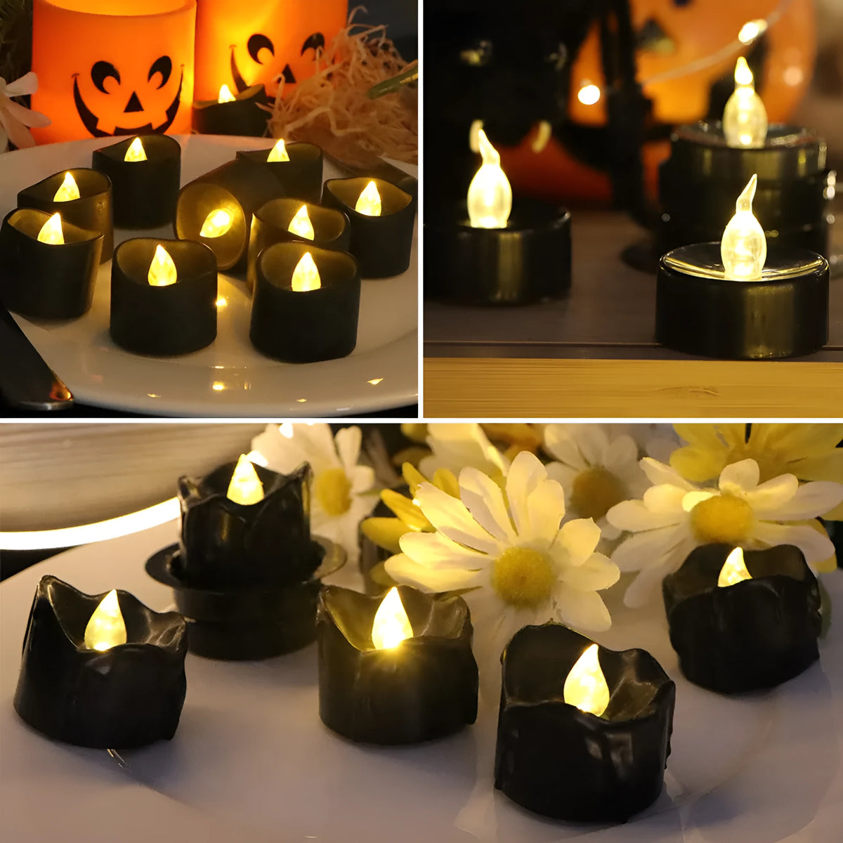 LED Christmas Decorations Black Electronic Wax Candles Plastic Injection Moulded Concave Design Yellow Flash 12 Pieces Indoor Holiday Decor