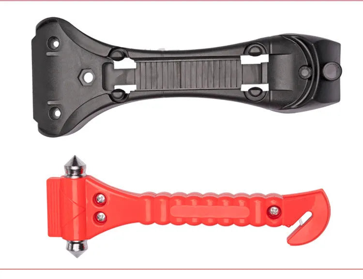 Red car life saving hammer with ABS carbon steel construction and integrated seatbelt cutter