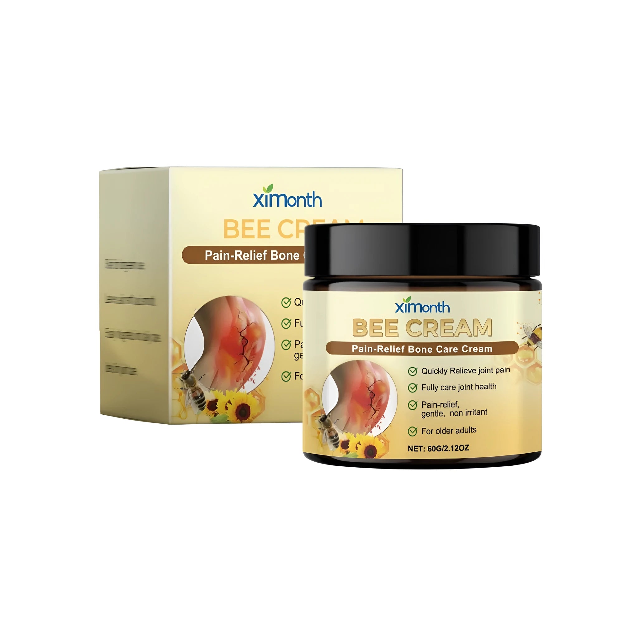 60g tube of pain-relief cream with bee venom, arnica, and glucosamine for joints and muscles.