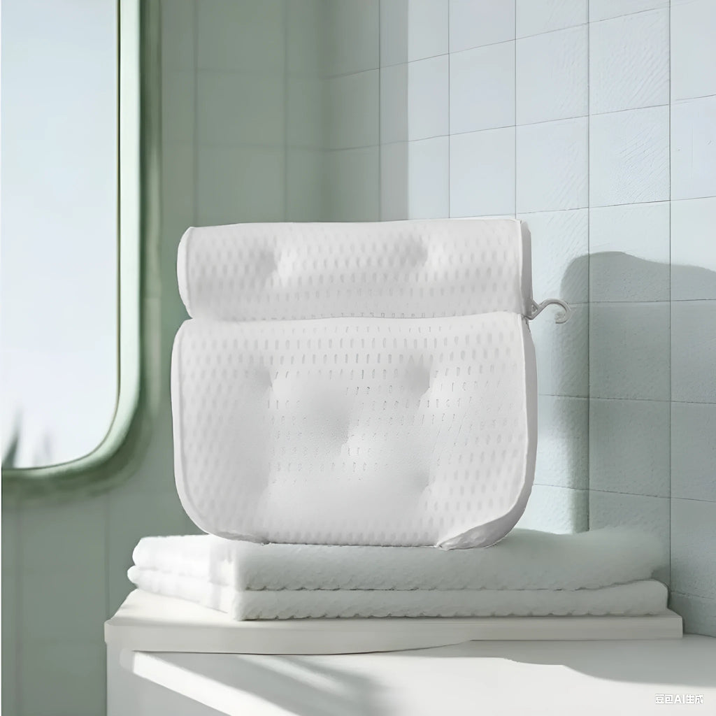 White bath pillow with suction cups on 3D mesh material for bathtub use