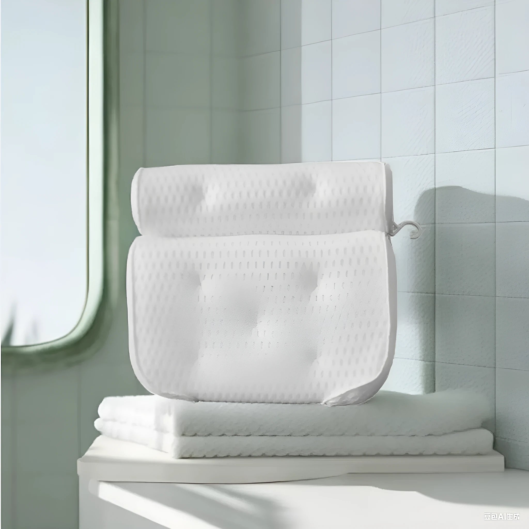 White bath pillow with suction cups on 3D mesh material for bathtub use