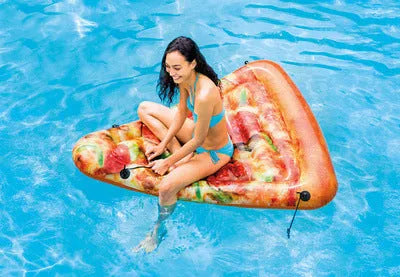 Large inflatable pizza-themed surfboard float for pool lounging, 175cm by 145cm