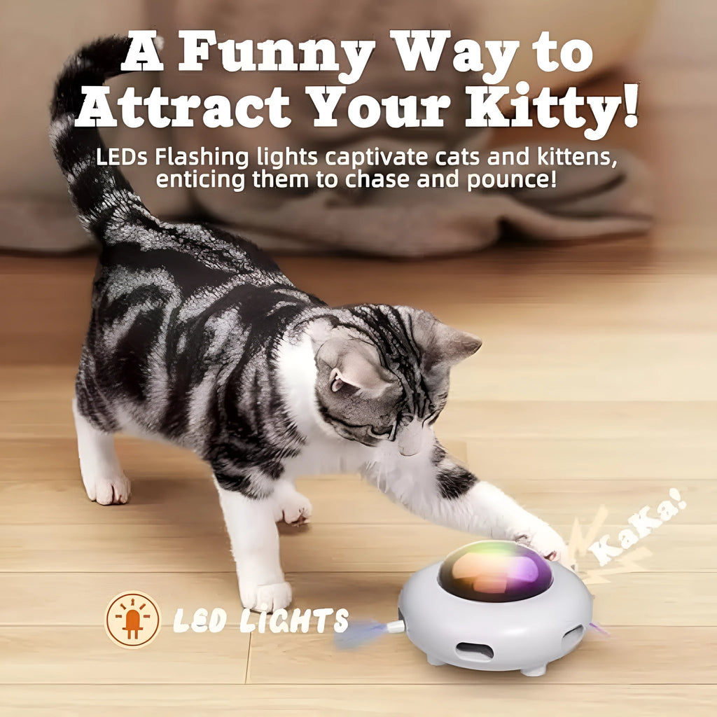 White USB rechargeable interactive cat toy with moving colourful feathers and LED lights