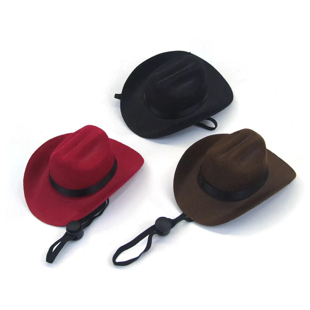 Adjustable cowboy hat for a dog or cat on a plain background, showing the rounded brim.