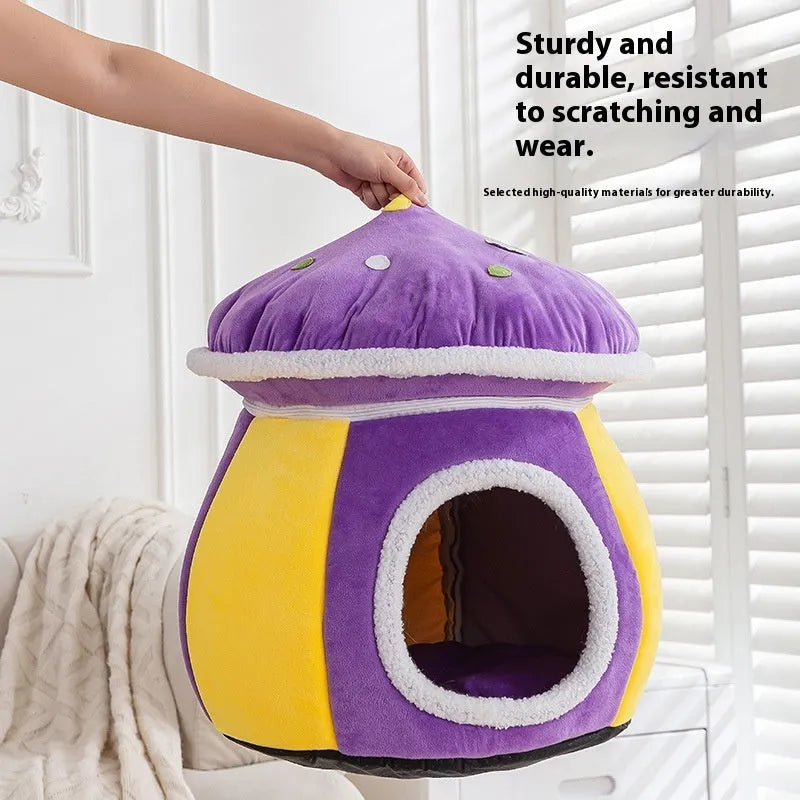 Grey mushroom-shaped plush cat nest bed for pets on a white background.