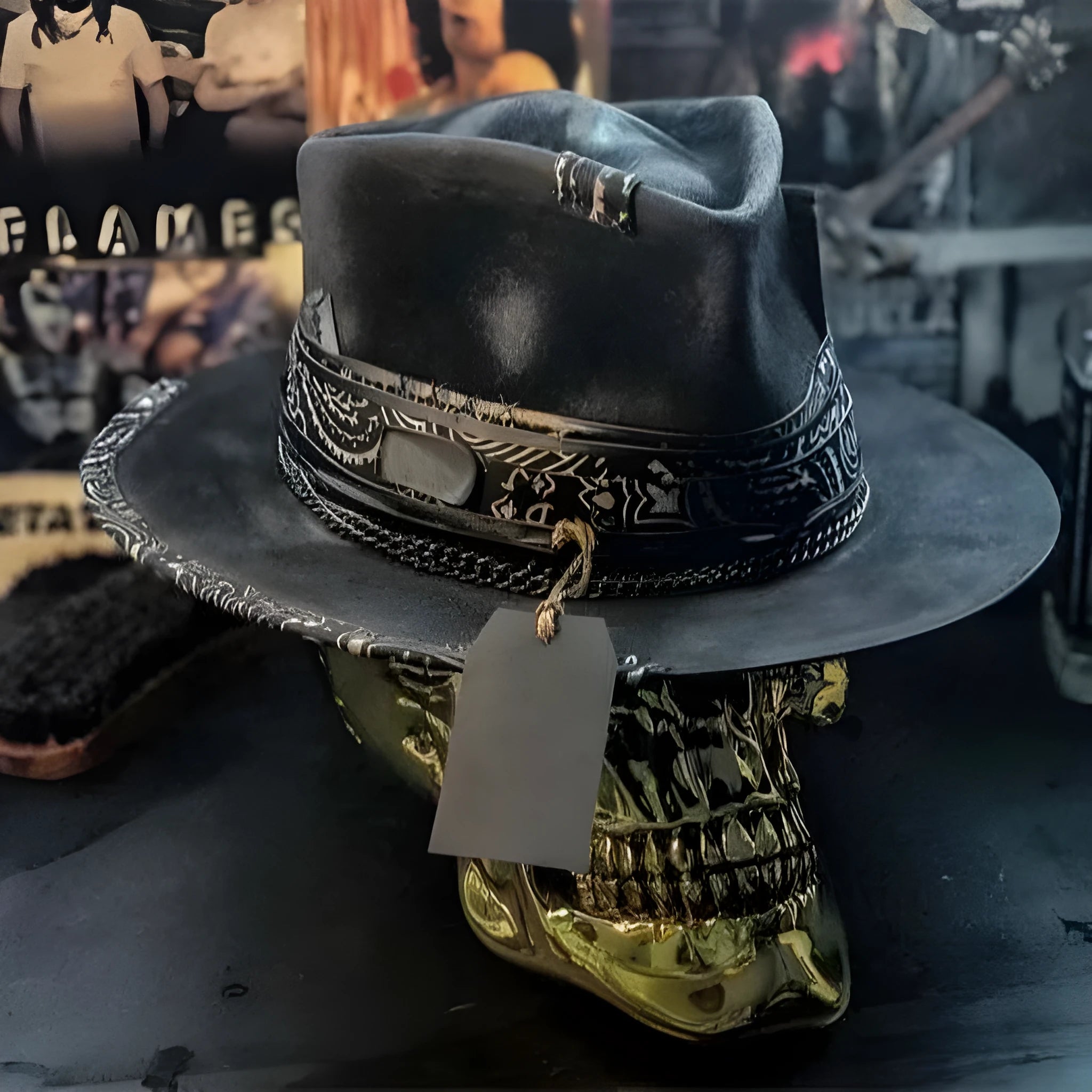 Handmade wool felt skull hat with a conical crown shape on a mannequin head.