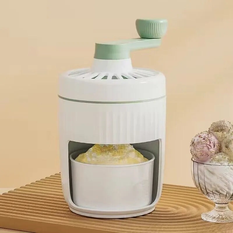Hand-cranked ice shaving machine in green or orange with removable ice box, PP ABS and 304 stainless steel construction