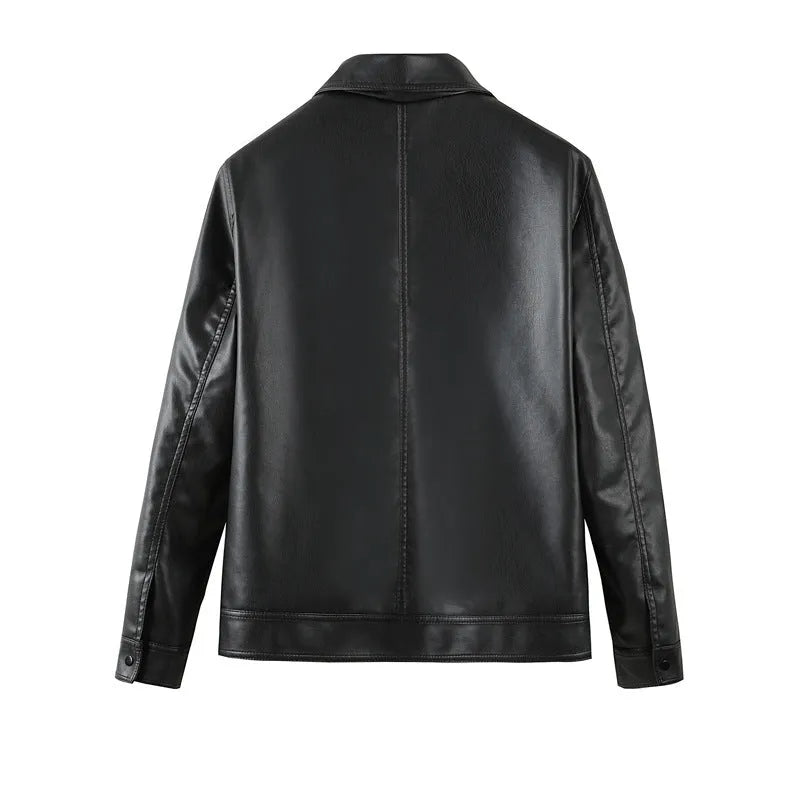 Men's black PU leather jacket with zipper pockets, shown in a loose fit casual style.