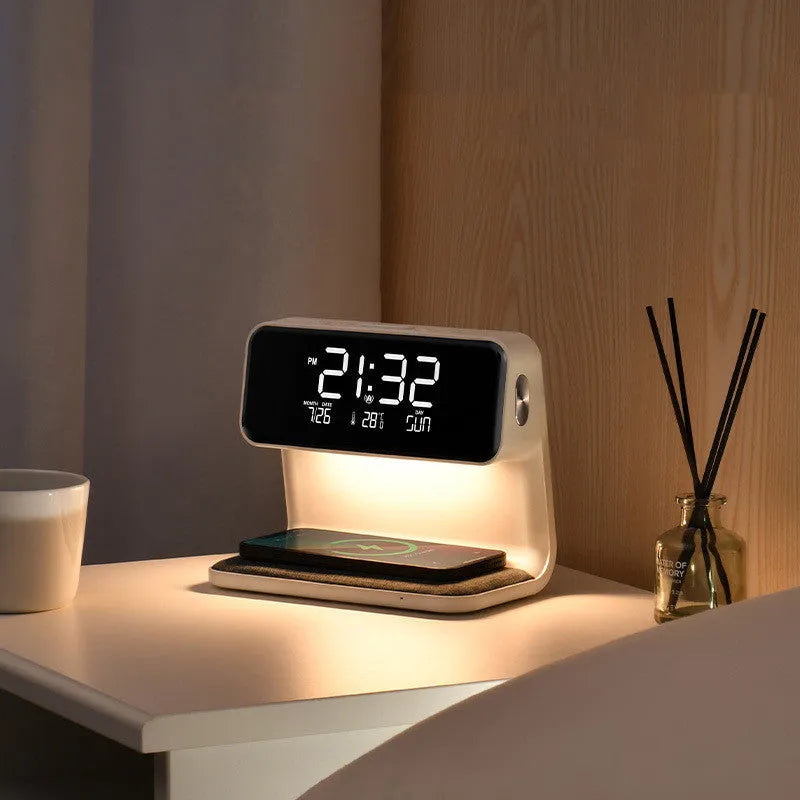 White 3-in-1 bedside lamp with wireless charging pad, LCD clock screen, and touch dimming controls