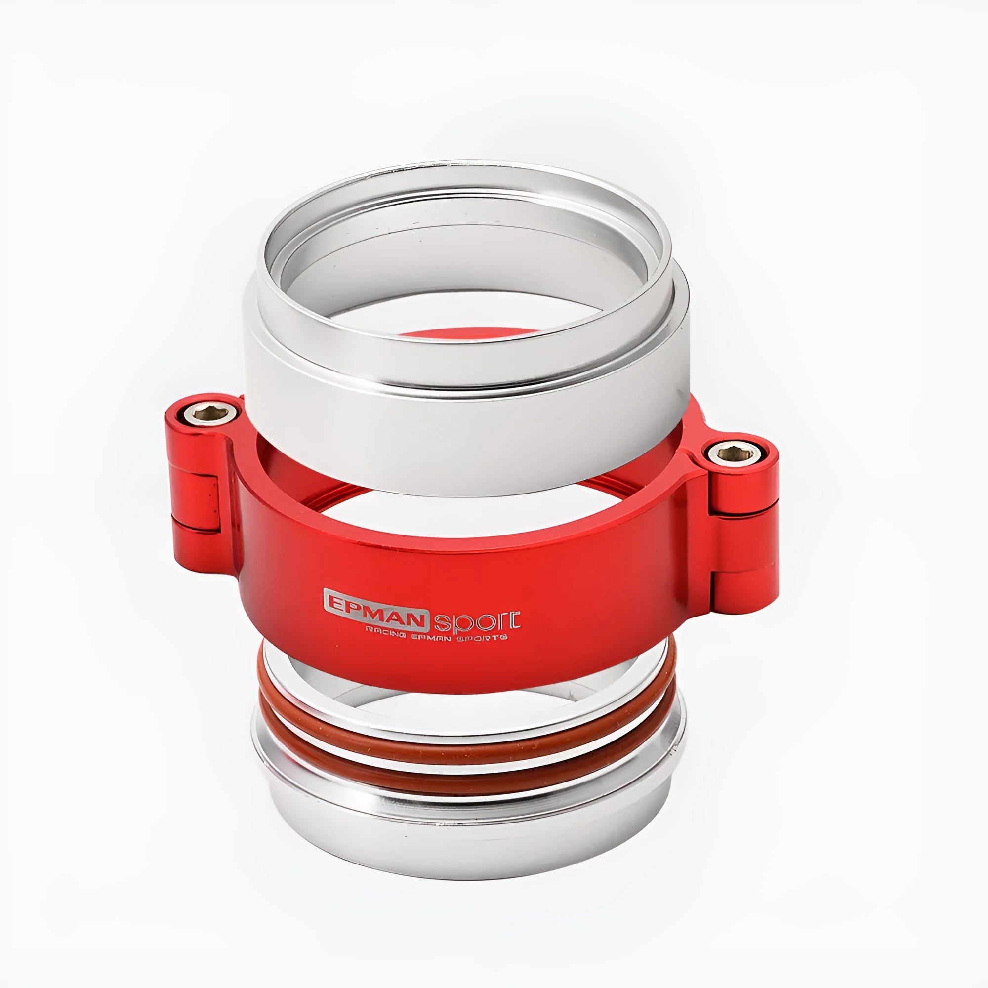 Aluminium car exhaust clamp in black on a 3-inch turbo downpipe